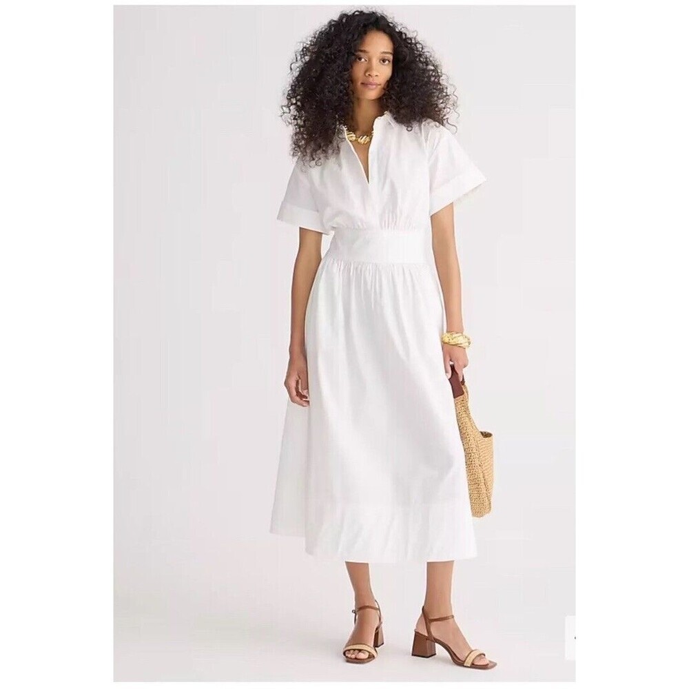 J. CREW Fitted Waist Shirt Dress Stretch Cotton Poplin Size 10 White NWT Coastal